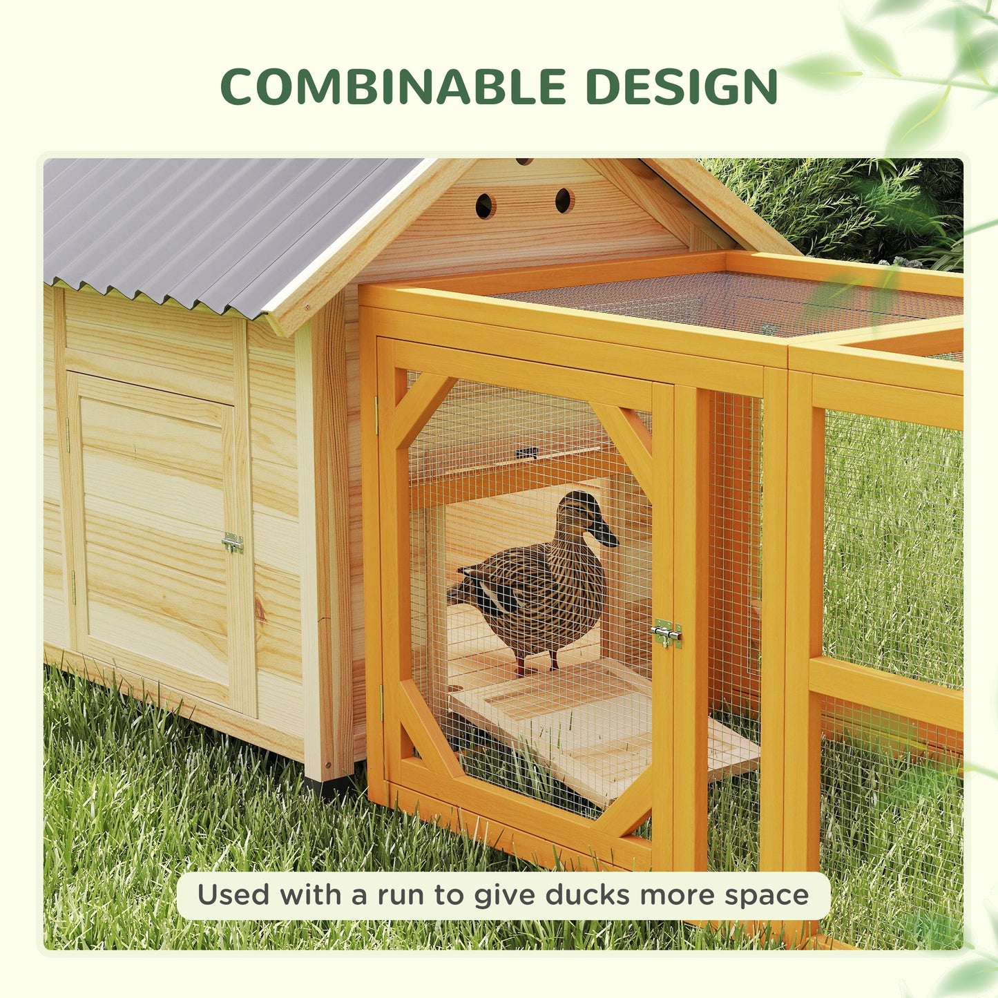 Duck Coop, Wooden Duck House with Openable Roof & Double Doors, Natural Wood