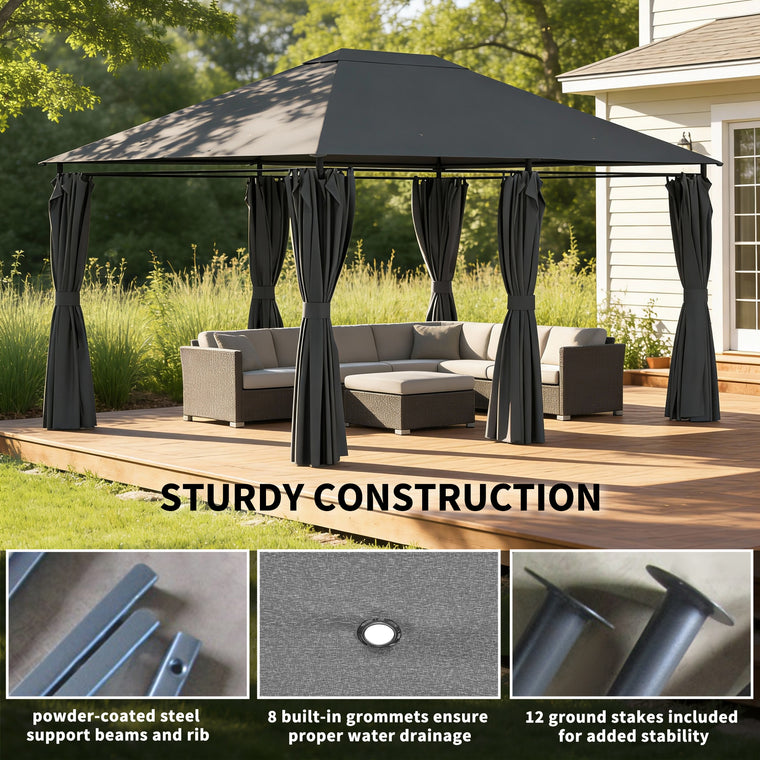13' x 10' Dark Grey Soft-Top Steel Gazebo with Removable Curtains