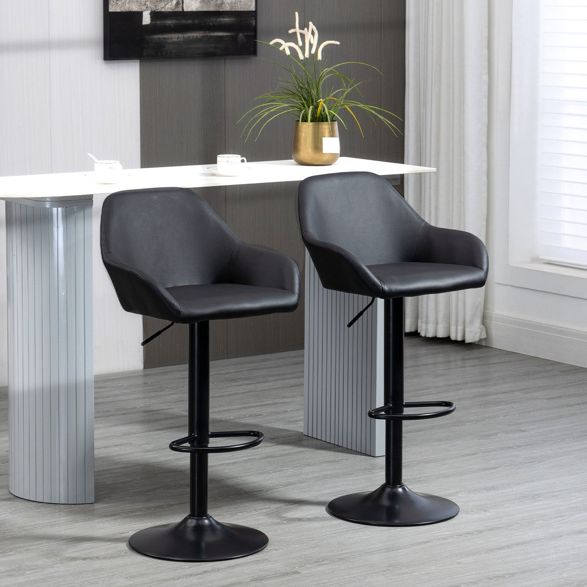 Adjustable Bar Stools Set of 2, Swivel Barstools with Footrest and Back, PU Leather and Steel Round Base, Black