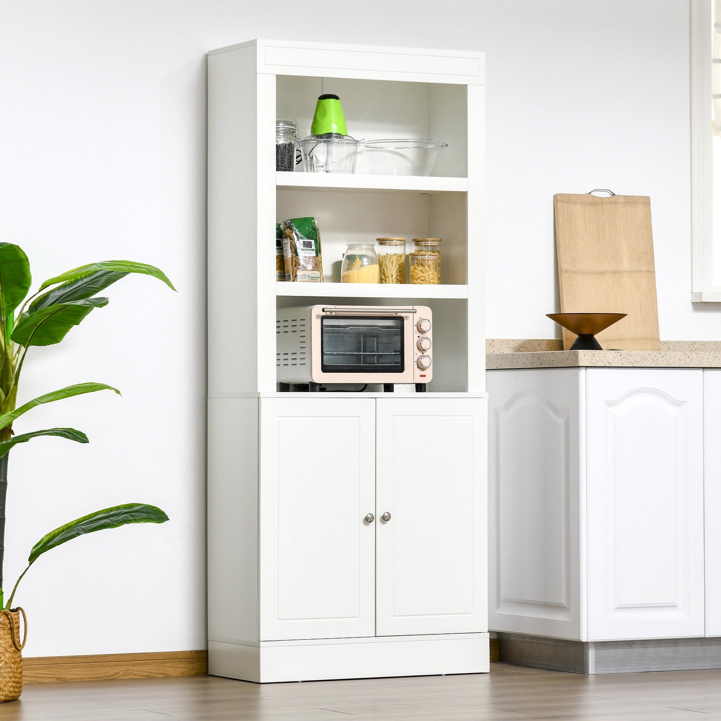 72" Kitchen Buffet with Hutch, Freestanding Cupboard, Pantry with 6-Tier Shelving, 2 Doors Cabinet with Adjustable Shelves, White, Wood Grain