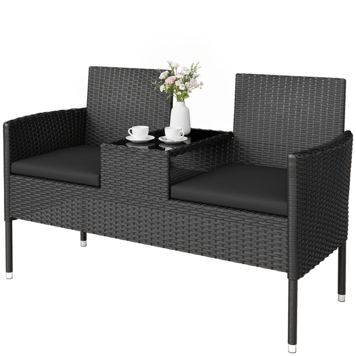 Patio Furniture w/ Mid-Table PE Rattan Loveseat w/ Cushion, Black