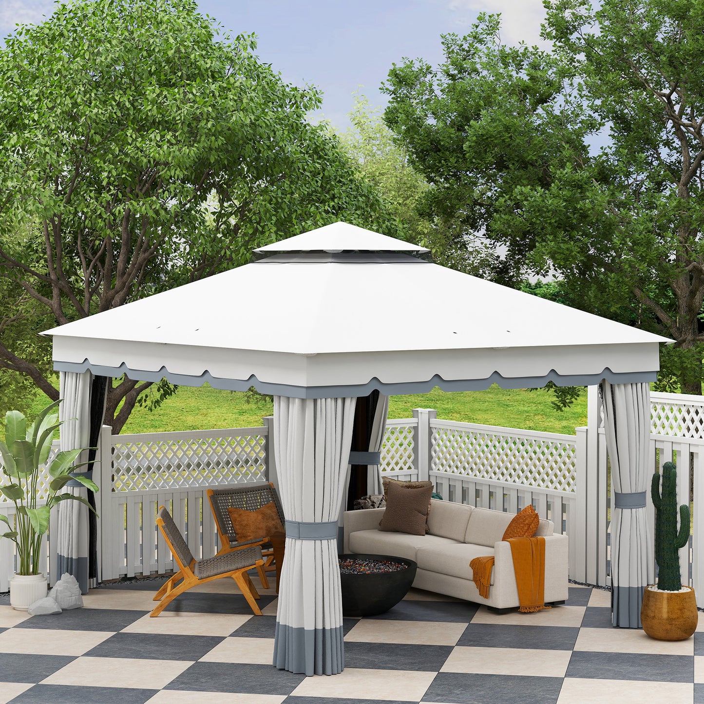 10' x 12' Double Roof Patio Gazebo Canopy, Outdoor Gazebo Shelter with Netting & Curtains, for Garden, Lawn and Deck