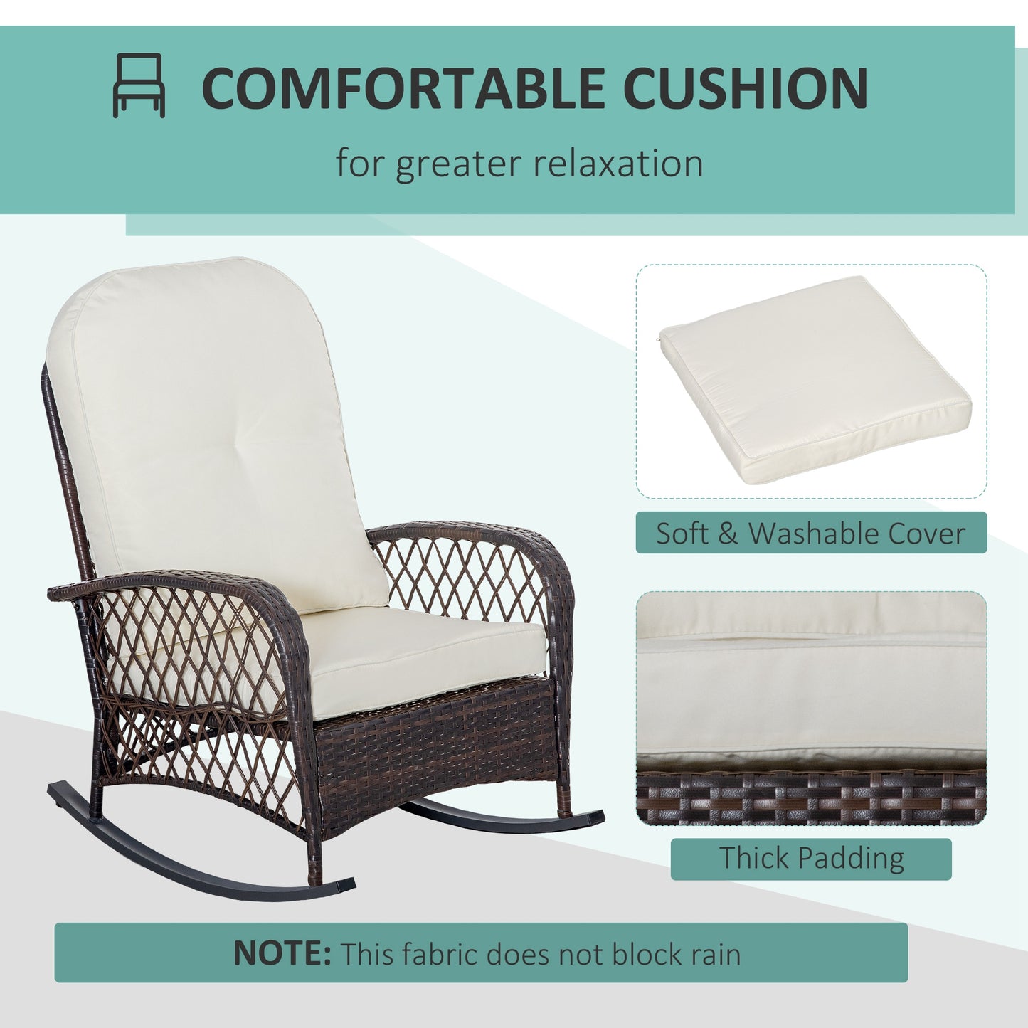 Rattan Rocking Chair, Outdoor Wicker Patio Rocker Chair Furniture with Thick Cushions, for Garden Backyard Porch, Cream White