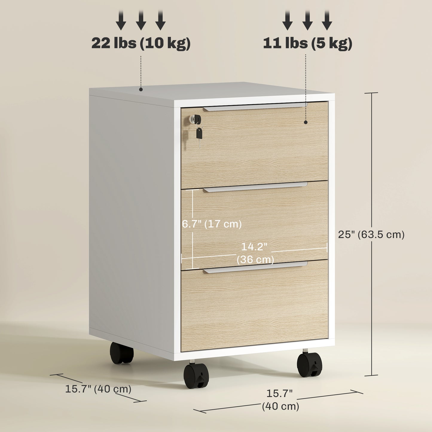 3 Drawer File Cabinet with Wheels, Vertical Filing Cabinet with Lock, Oak