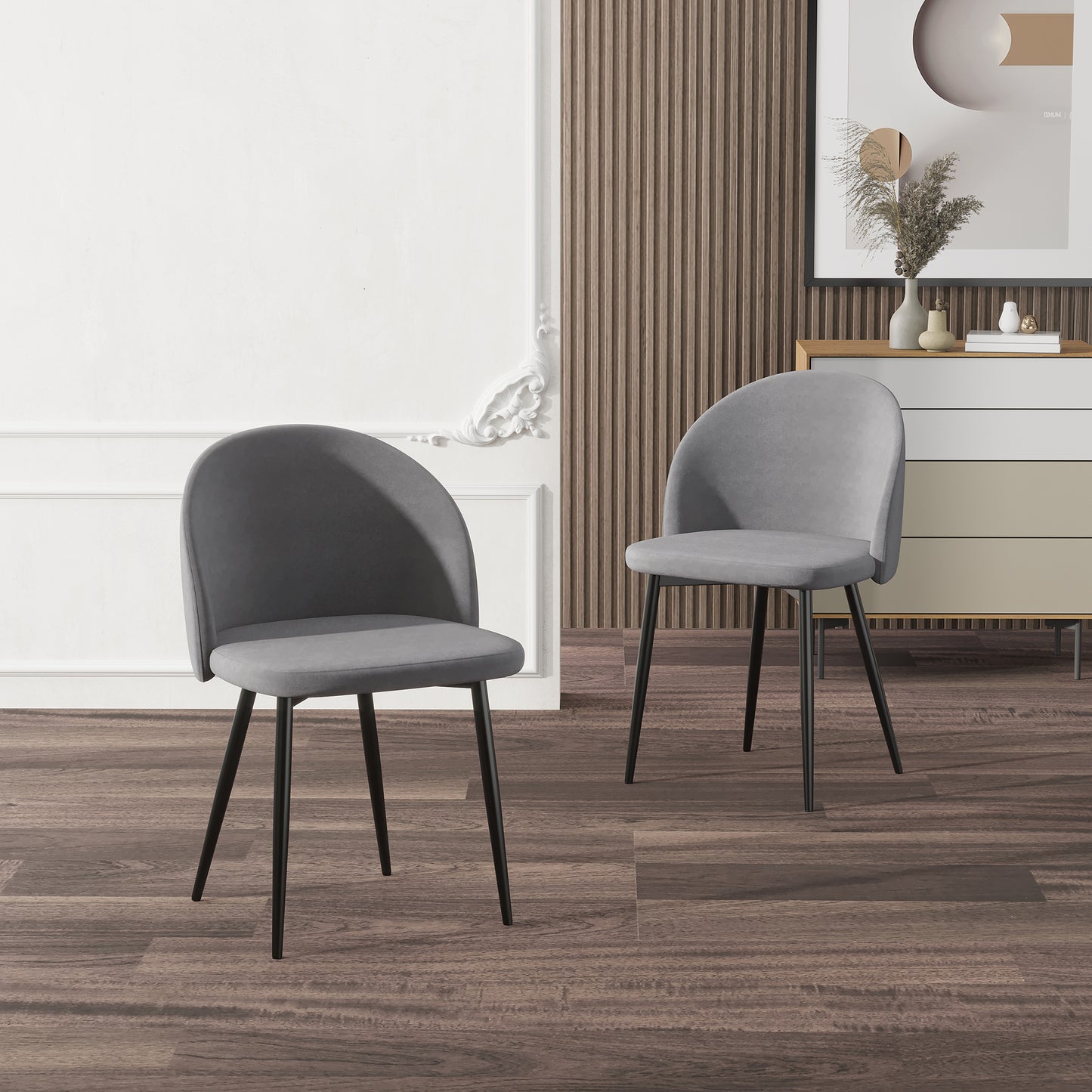 Set of 2 Mid-Back Dining Chairs, Velvet-touch Upholstered Kitchen Chairs for Living Room and Dining Room, Grey