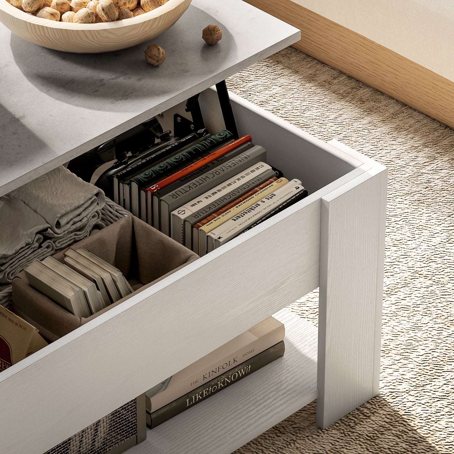 Lift Top Coffee Table with Hidden Storage Compartment and Open Shelf, Center Table for Living Room, White