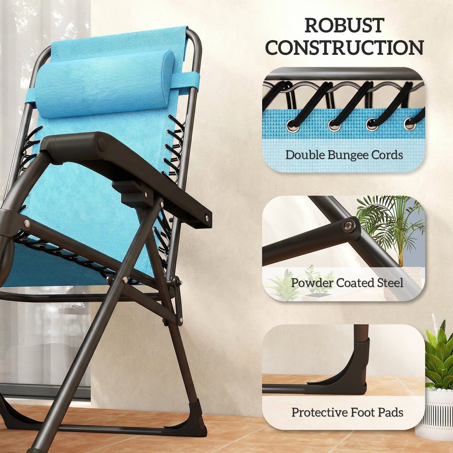 Zero Gravity Chair Set of 2, Folding Reclining Outdoor Lounge Chair with Cup Holder, Headrest, Sky Blue