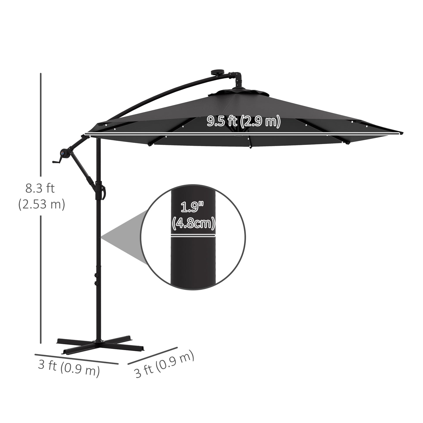 9.5' Dark Grey Offset Parasol with Solar LED Lights