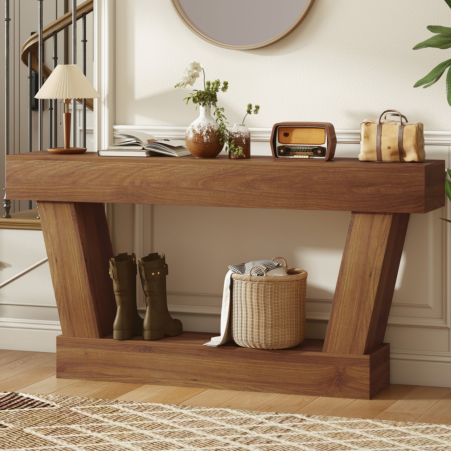 63 Inch Vintage Console Table, Narrow Entryway Table with Open Shelf for Living Room, Dark Brown