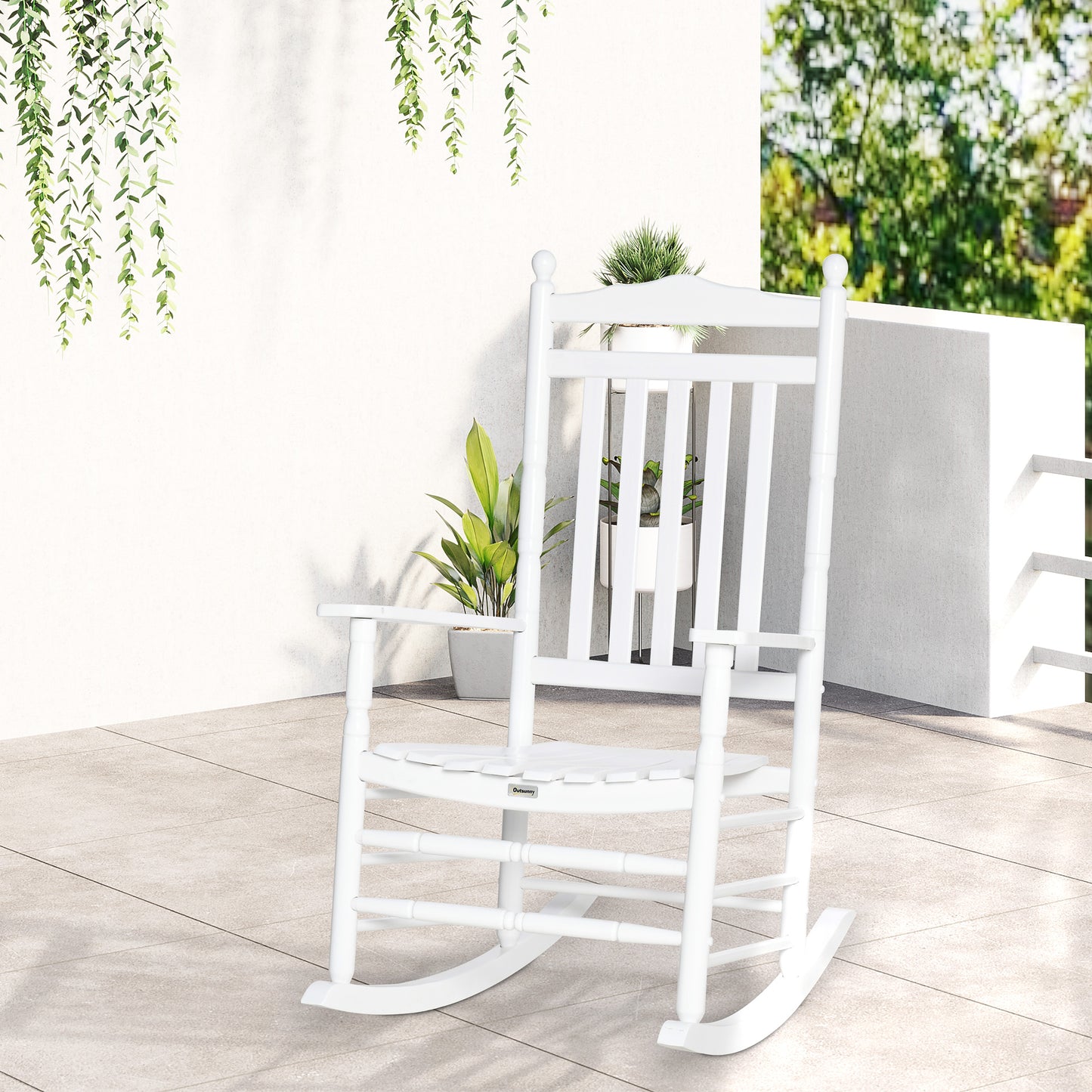 Wooden Outdoor Rocking Chair, Patio Rocking Chair with Slatted High Back and Armrests for Porch, Garden, Lawn, White