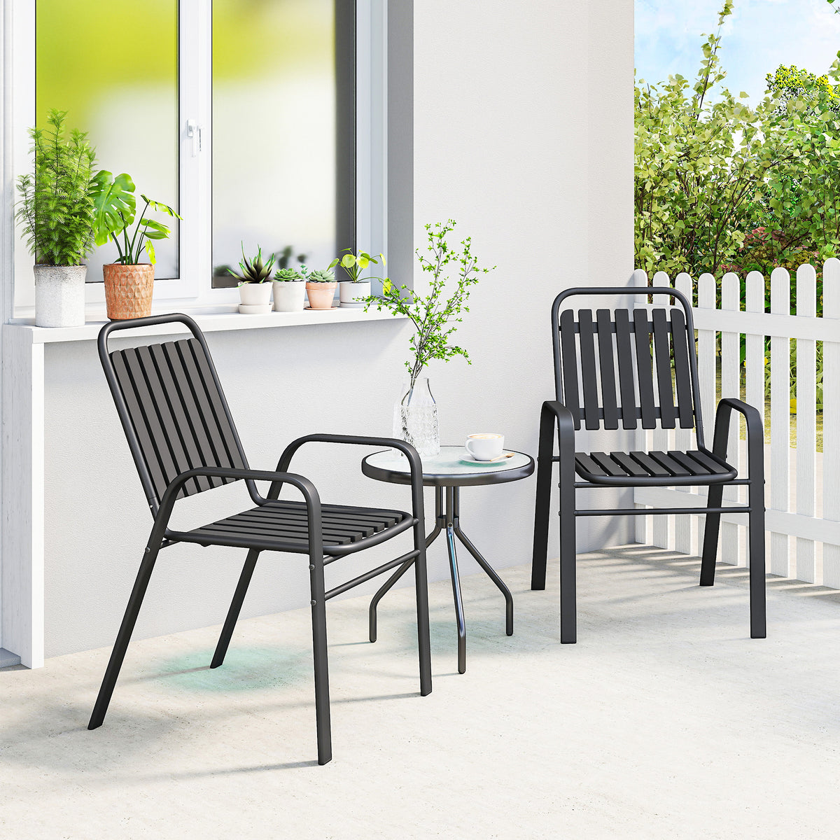 Stackable Outdoor Dining Chairs Set of 2, for Patio, Balcony, Deck, Garden, Black