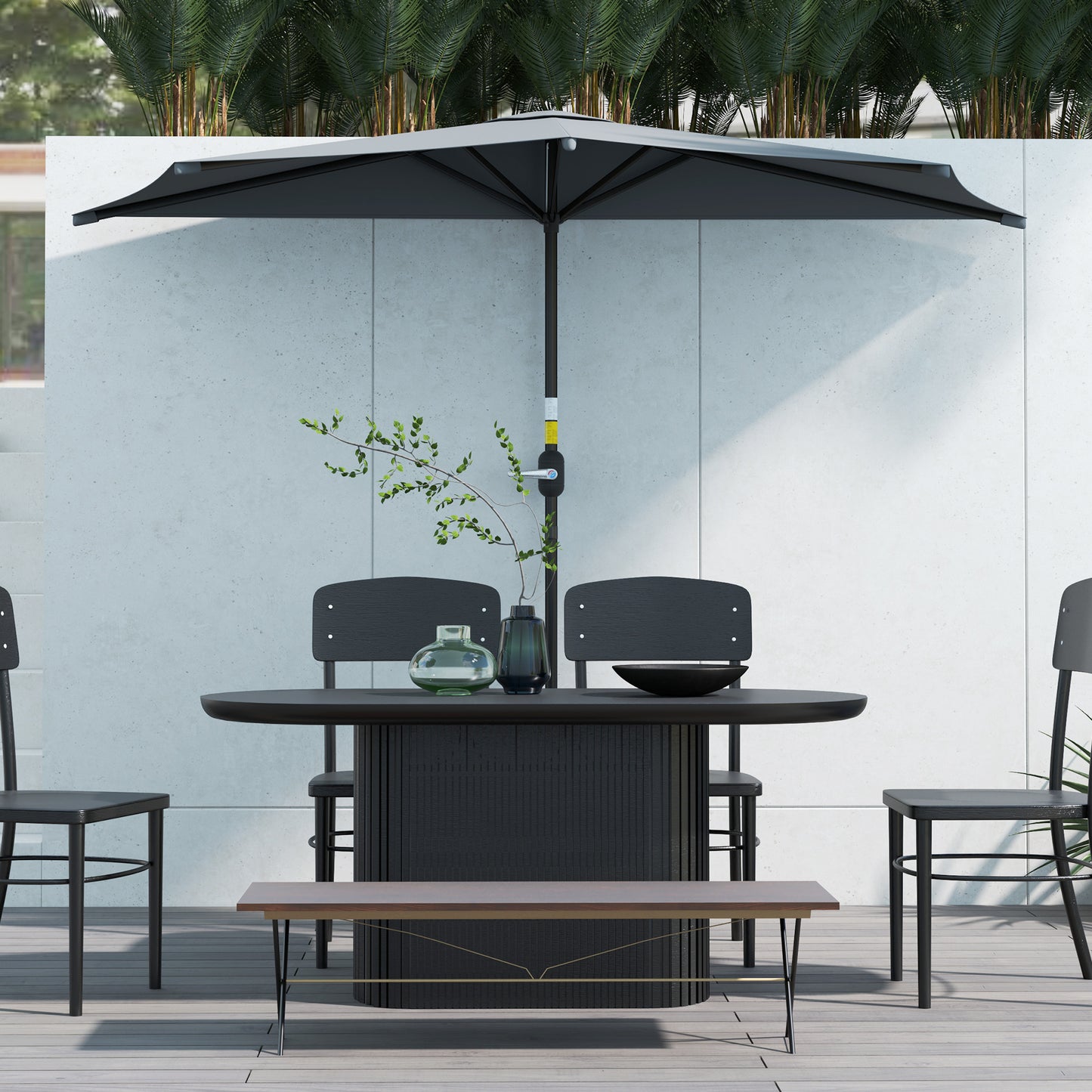 9.8ft Half Umbrella Semi Round Patio Parasol with Crank Handle, Top Vent for Garden, Balcony- NO BASE INCLUDED Dark Grey