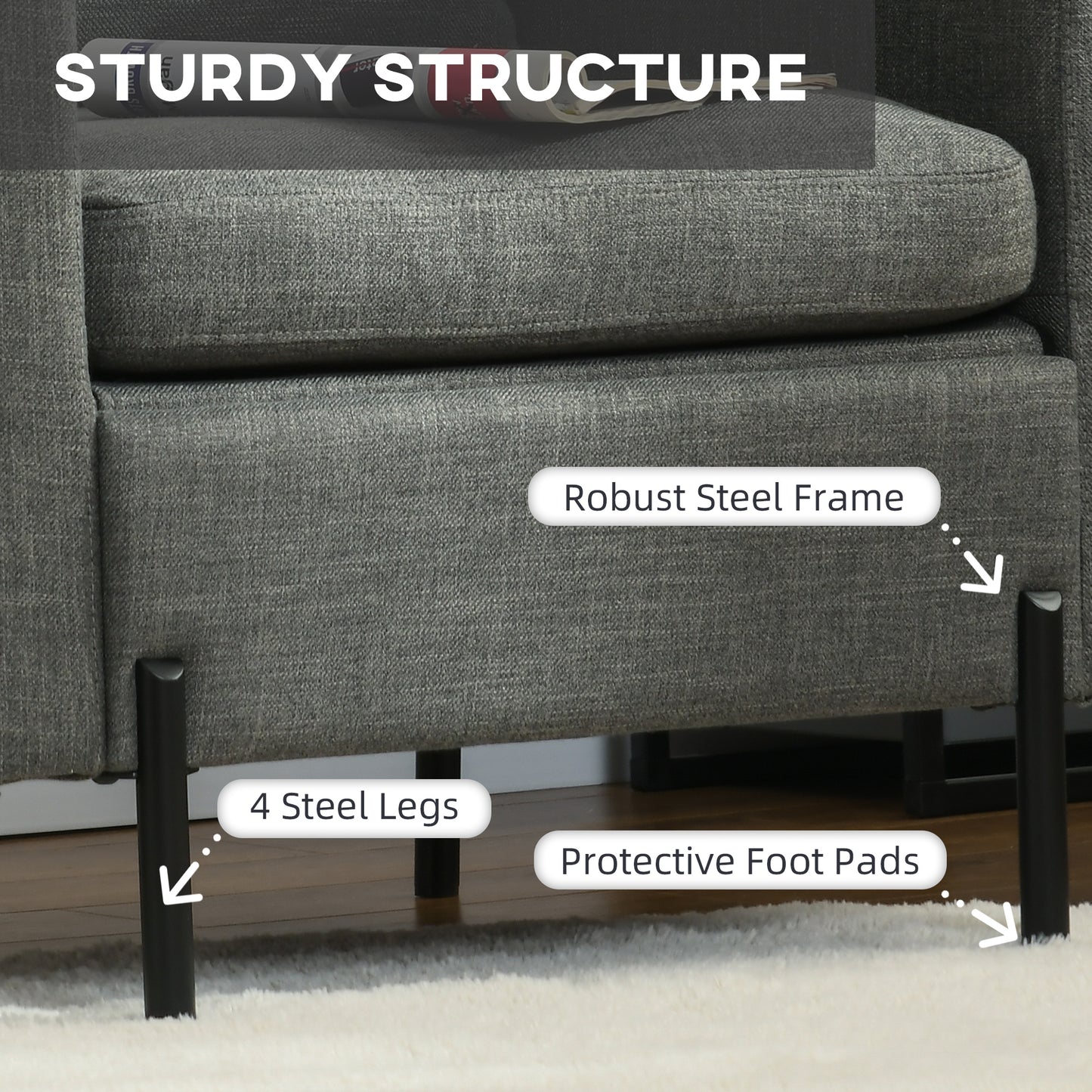 Armchair, Fabric Accent Chair, Modern Living Room Chair with Metal Legs, 2 Side Pockets for Bedroom, Grey