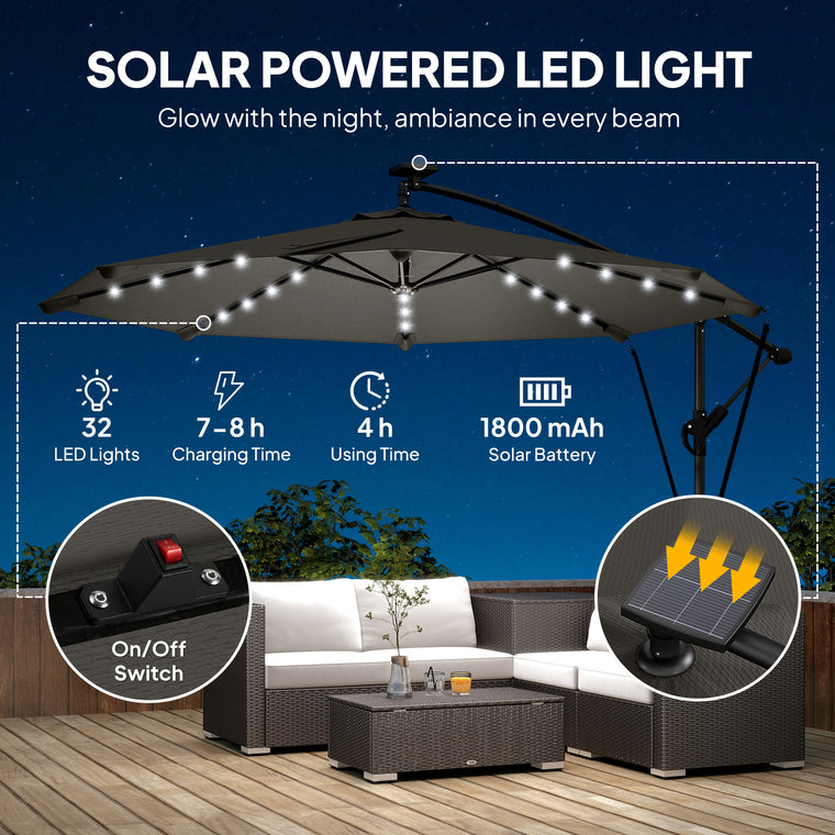 11.3' Dark Grey UPF50+ Aluminum Cantilever Umbrella with Light