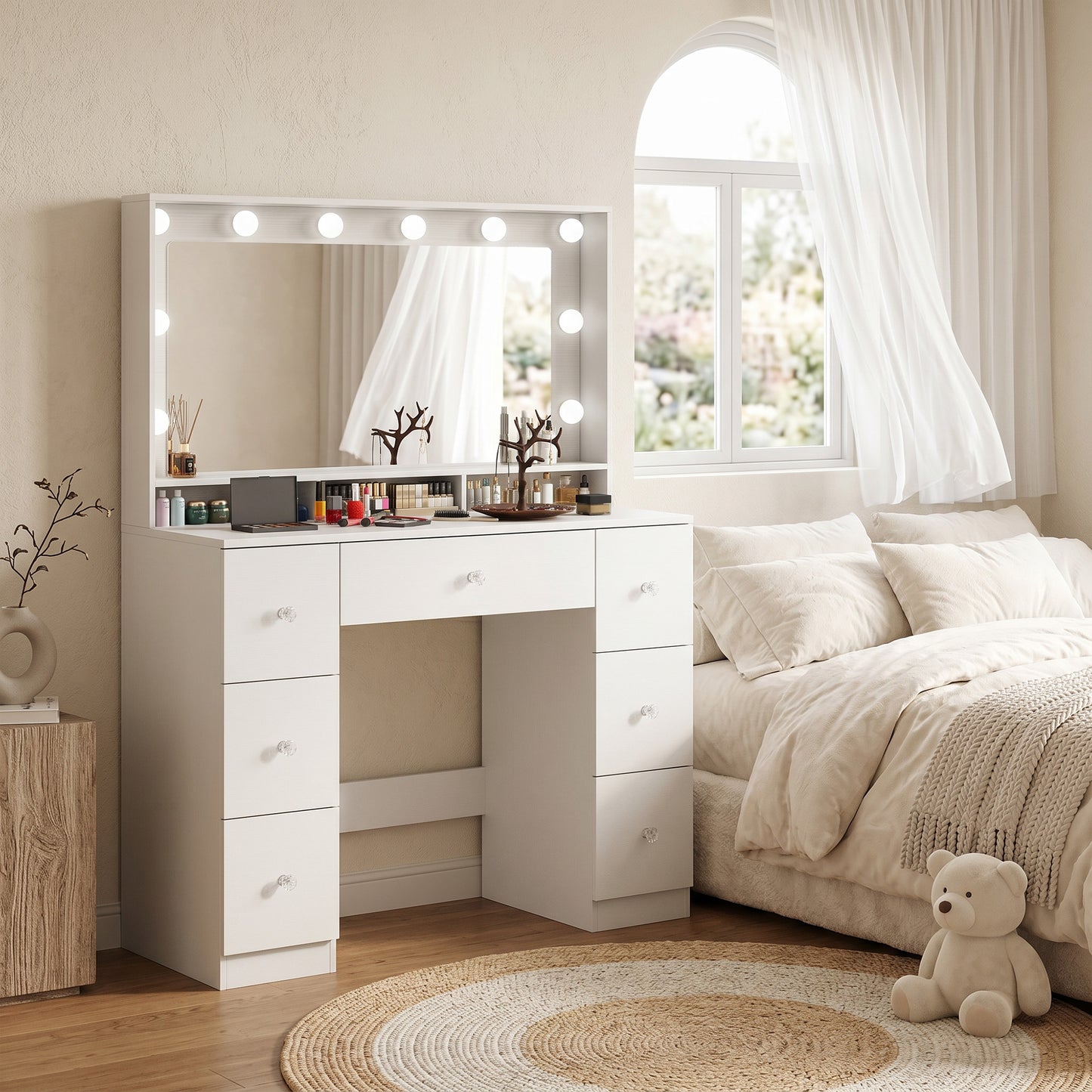 Vanity Desk with 10 Dimmable LED Lights, Mirror Dressing Table with 7 Drawers and Charging Station, White
