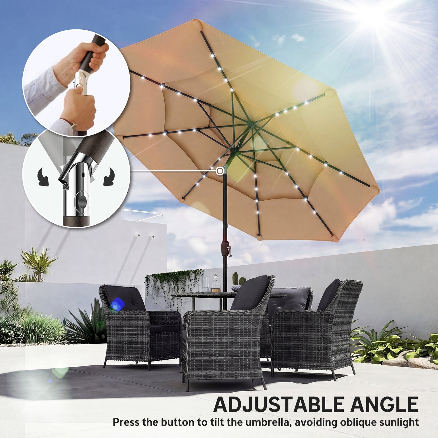 9.3 ft Patio Umbrella with Solar LED Lights, Cover, 3 Tier Outdoor Market Table Parasol with Tilt, Crank, Khaki