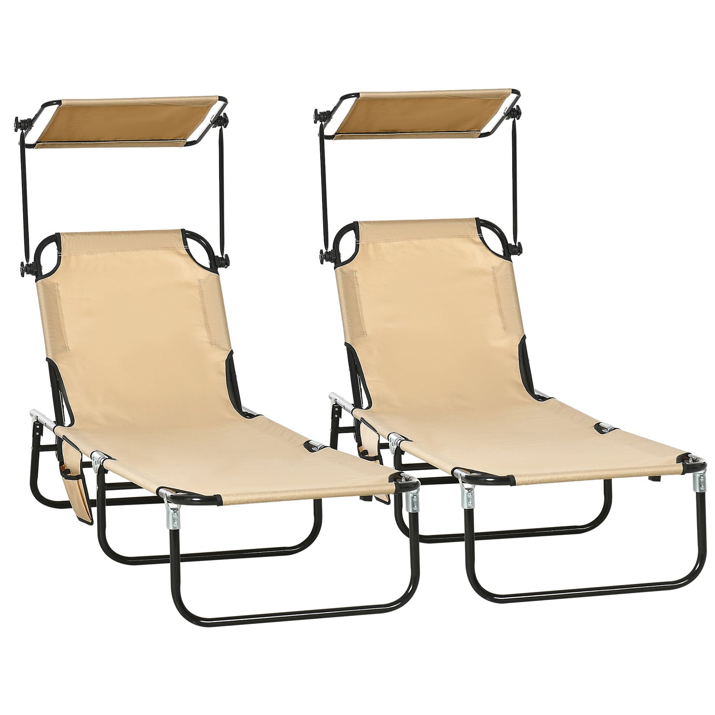 2 Piece Folding Outdoor Chaise Lounges, Pool Tanning Chairs with Reclining Back, Sunshade for Beach, Patio, Dark Grey