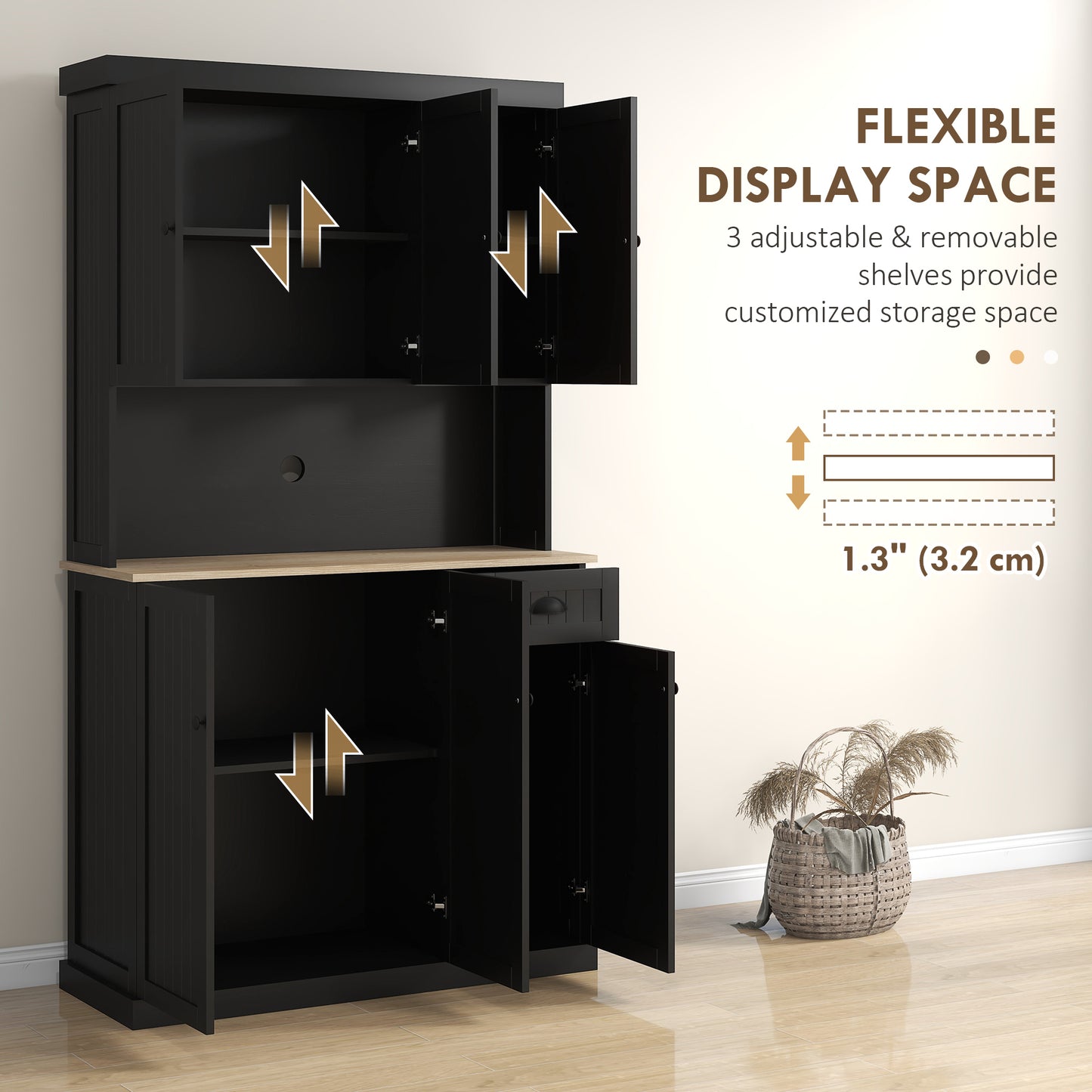 71" Kitchen Pantry Buffet with Hutch Storage Cabinet Microwave Oven Stand with Drawer, Black