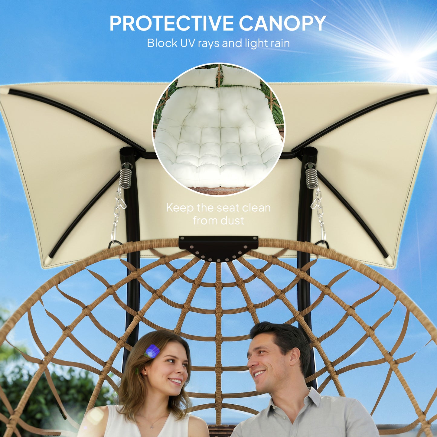 Double Wicker Egg Swing Chair with Canopy, Foldable Hanging Egg Chair with Stand Cushion Headrest, Beige