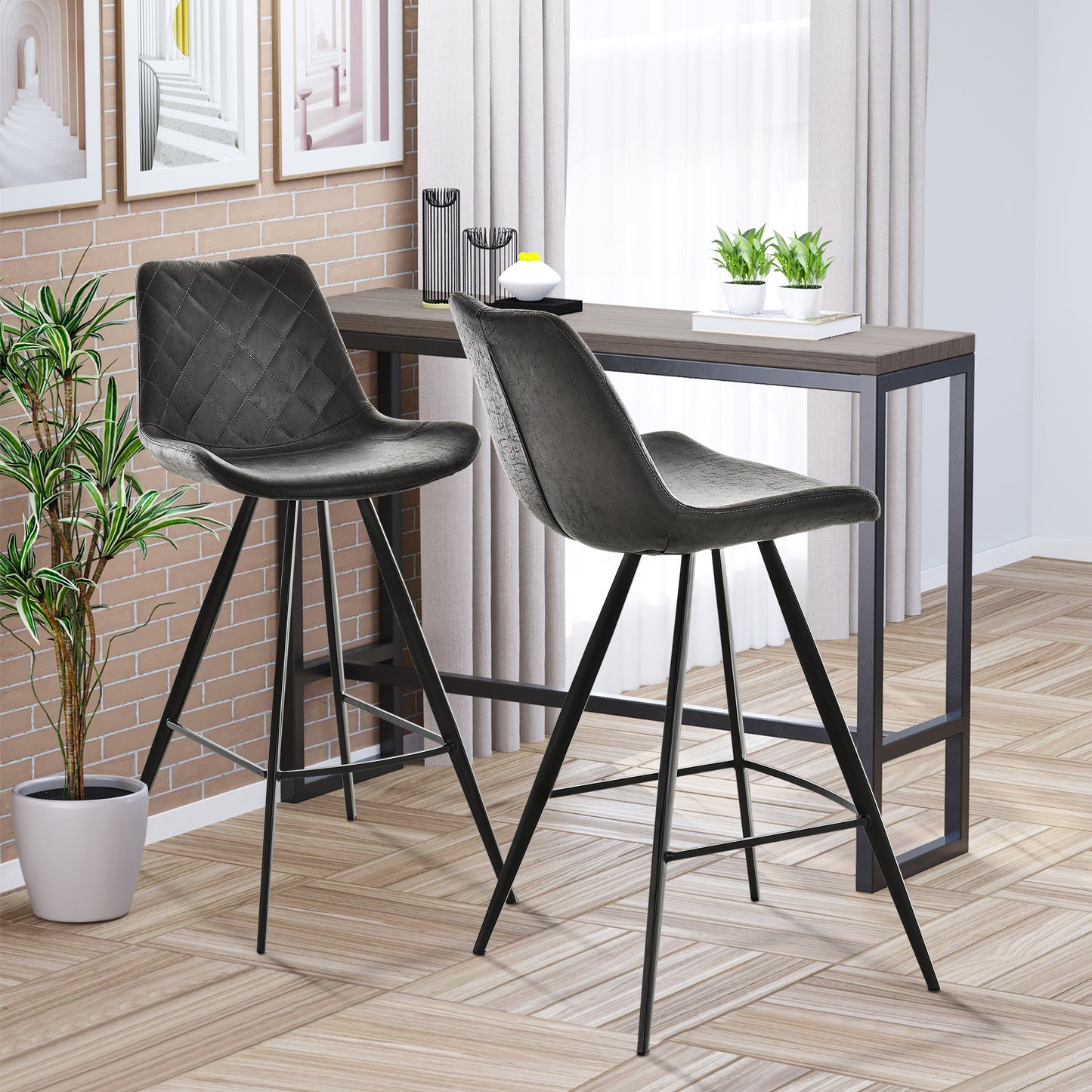 Set of 2 Microfiber Cloth Bar Stools, Multi-functional Kitchen Stools, Bar Chair with Metal Leg Padded Cushion Seat for Dining, Black