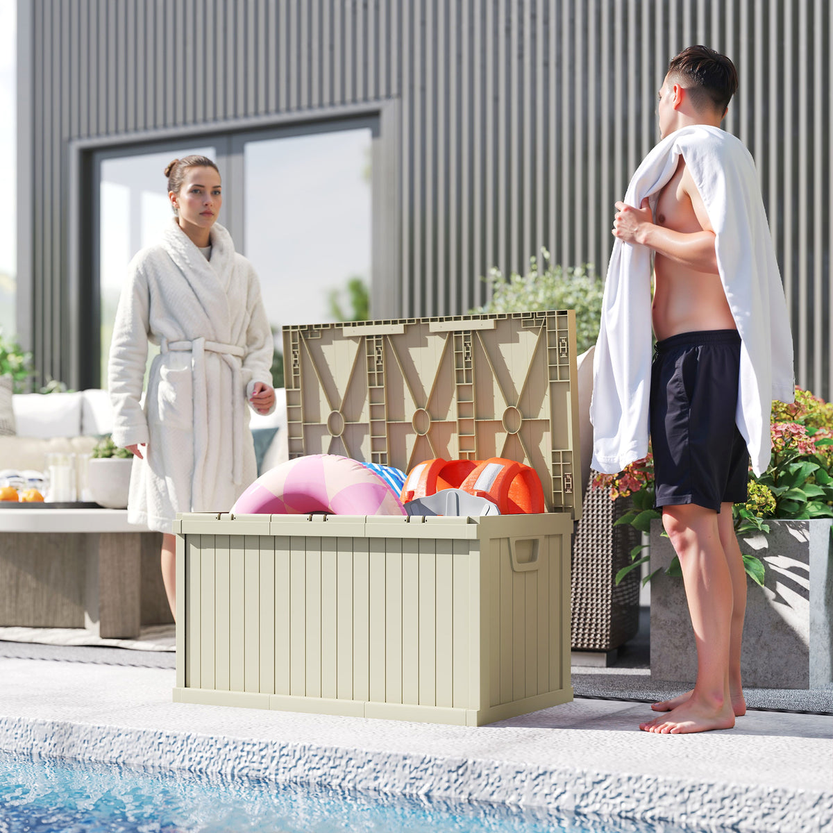70-Gallon Resin Deck Box with Handles - Sand