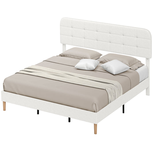 King Upholstered Platform Bed with Adjustable Headboard - White