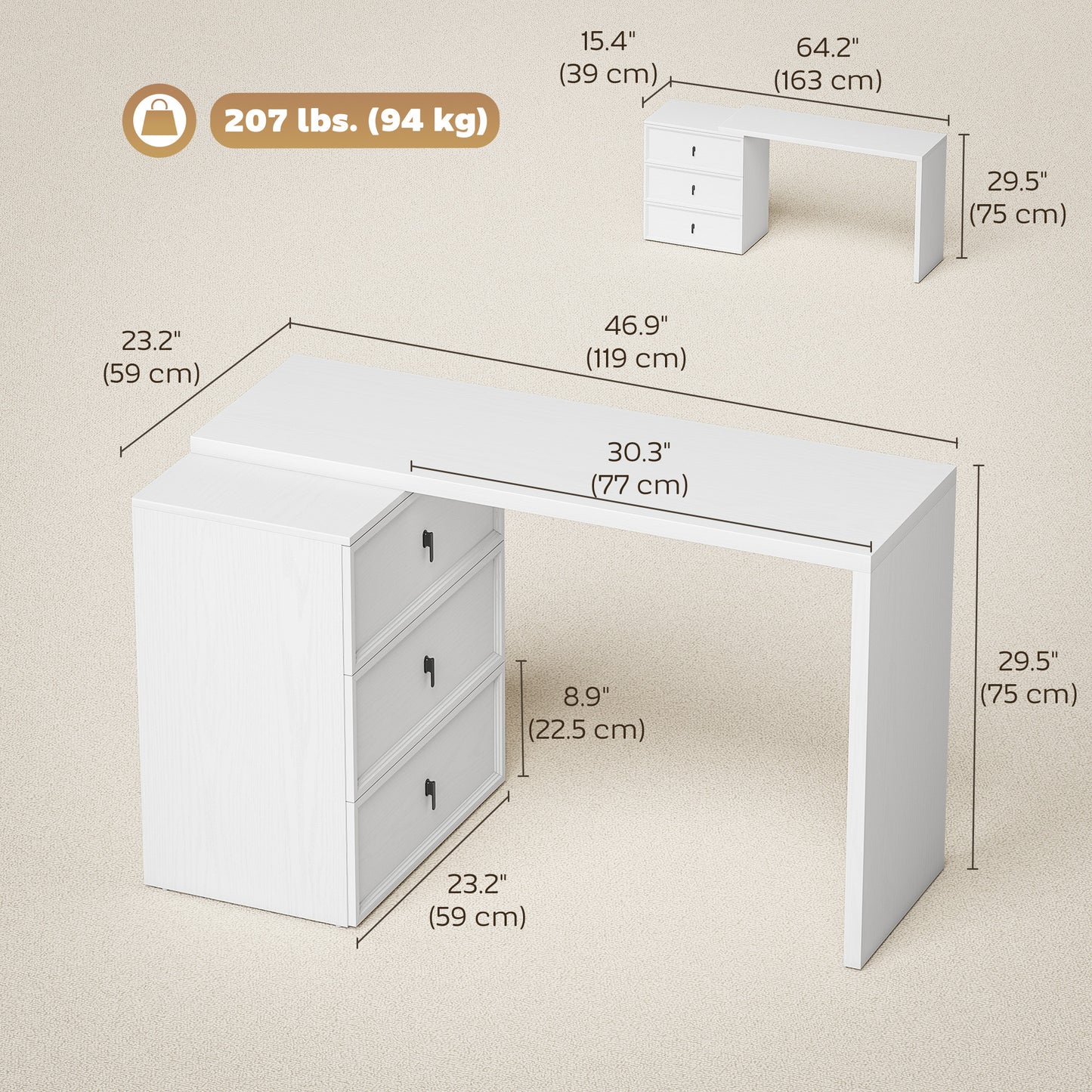 L Shaped Computer Desk Home Office Desk with 3 Drawers White Wood Grain