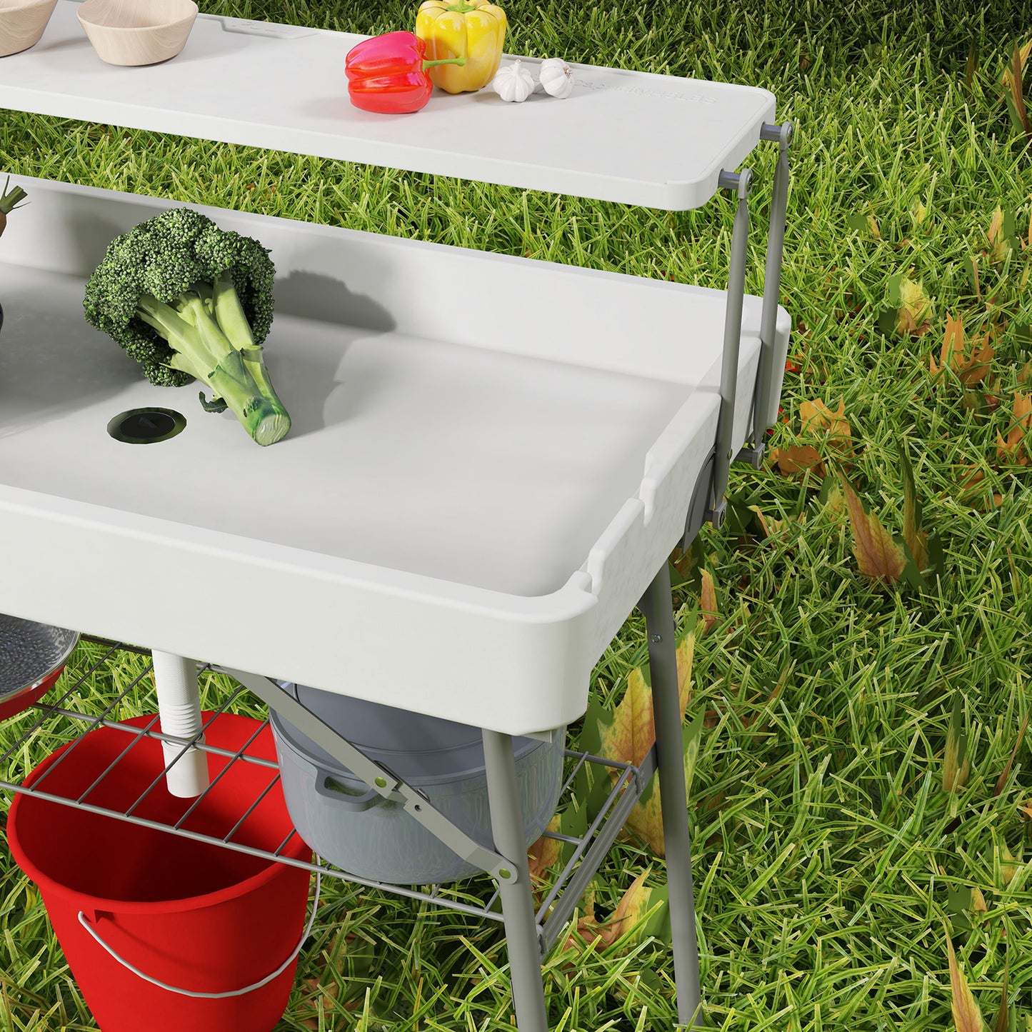 3.5ft Folding Ice Cooler Table with Drain, 2-Tier Outdoor Patio Party Cooler, Fishing Cleaning Table with Storage Shelf for Picnic BBQ Camping Wedding, White