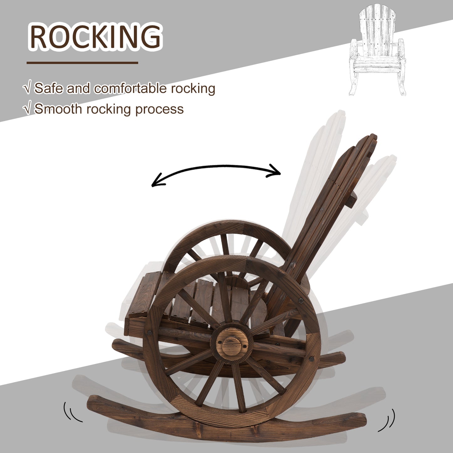 Patio Wooden Rocking Chair, Wagon Outdoor Rocker Chair with Slatted Design and Wheel Armrests for Garden, Carbonized
