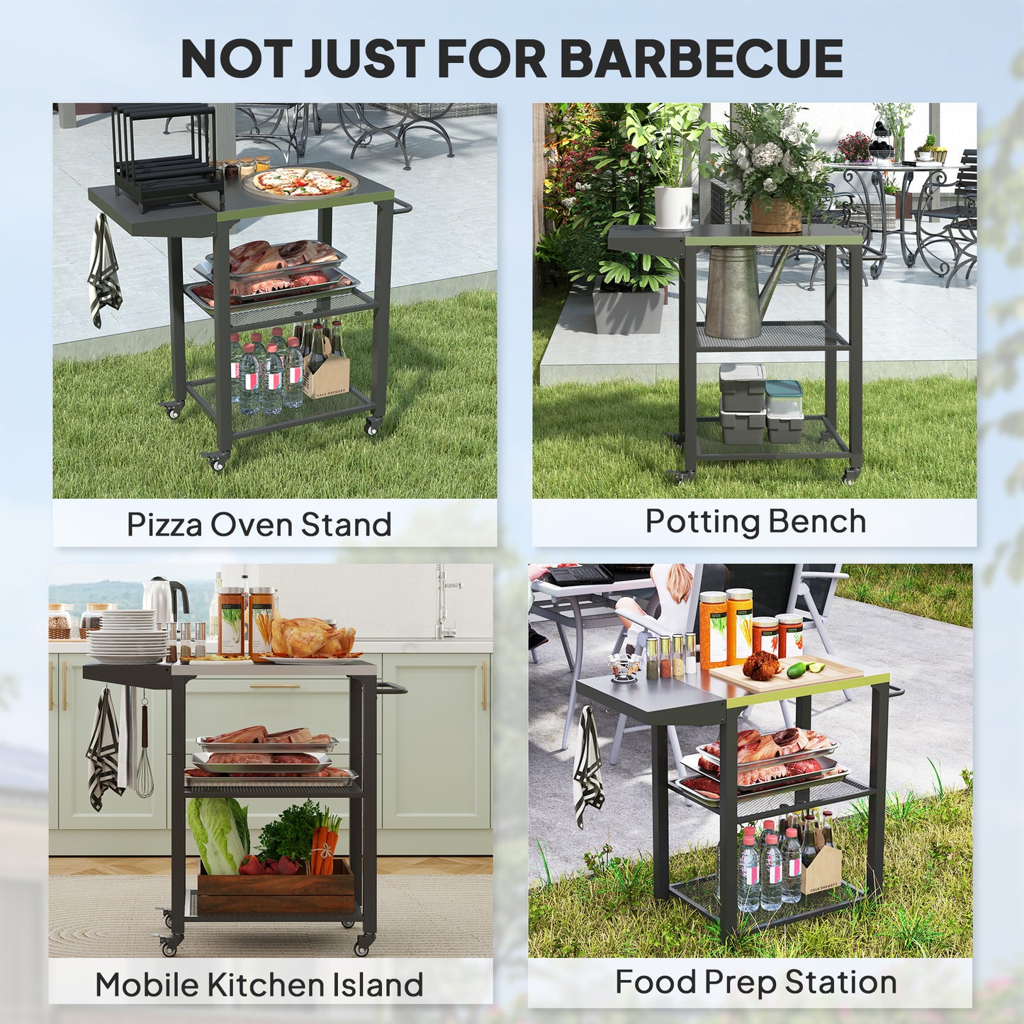 Outdoor Grill Cart w/ Foldable Side Table, 3-Tier Pizza Oven Stand w/ Stainless Steel Tabletop, Hooks, Wheels