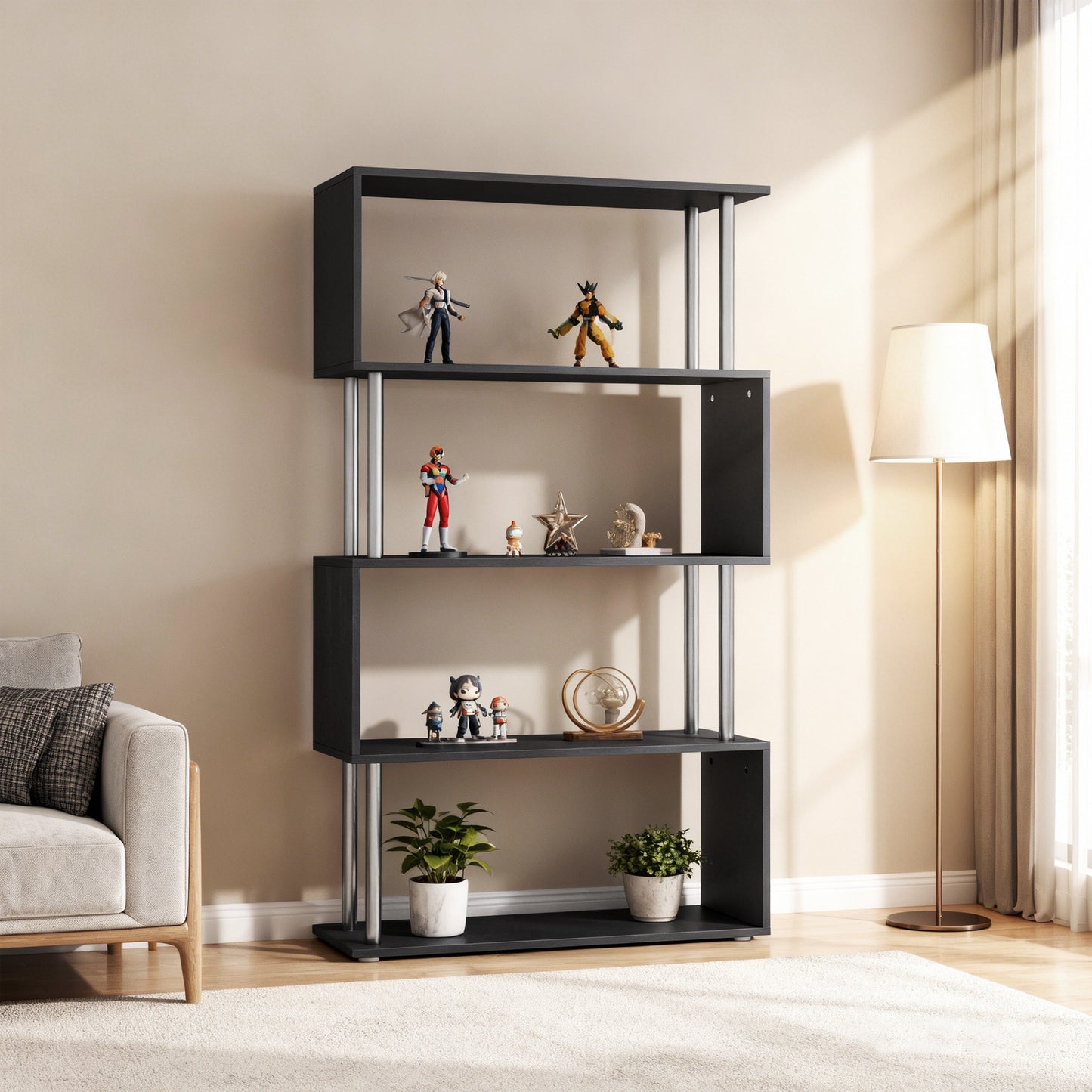 5-Tiers Geometric Wooden Bookcase S-Shaped Storage Bookshelf Display with Metal Frame for Living Room, Bedroom, Home Office, Black