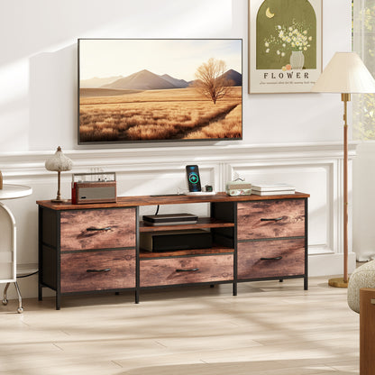 65" TV Stand with 5 Drawers and Charging Station - Rustic Brown