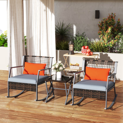 3-Piece Rocking Bistro Set with Cushions and Glass Table