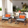 3 Pieces Rocking Bistro Set, Wicker Patio Furniture Set with Cushions and Glass Table for Porch, Balcony, Grey