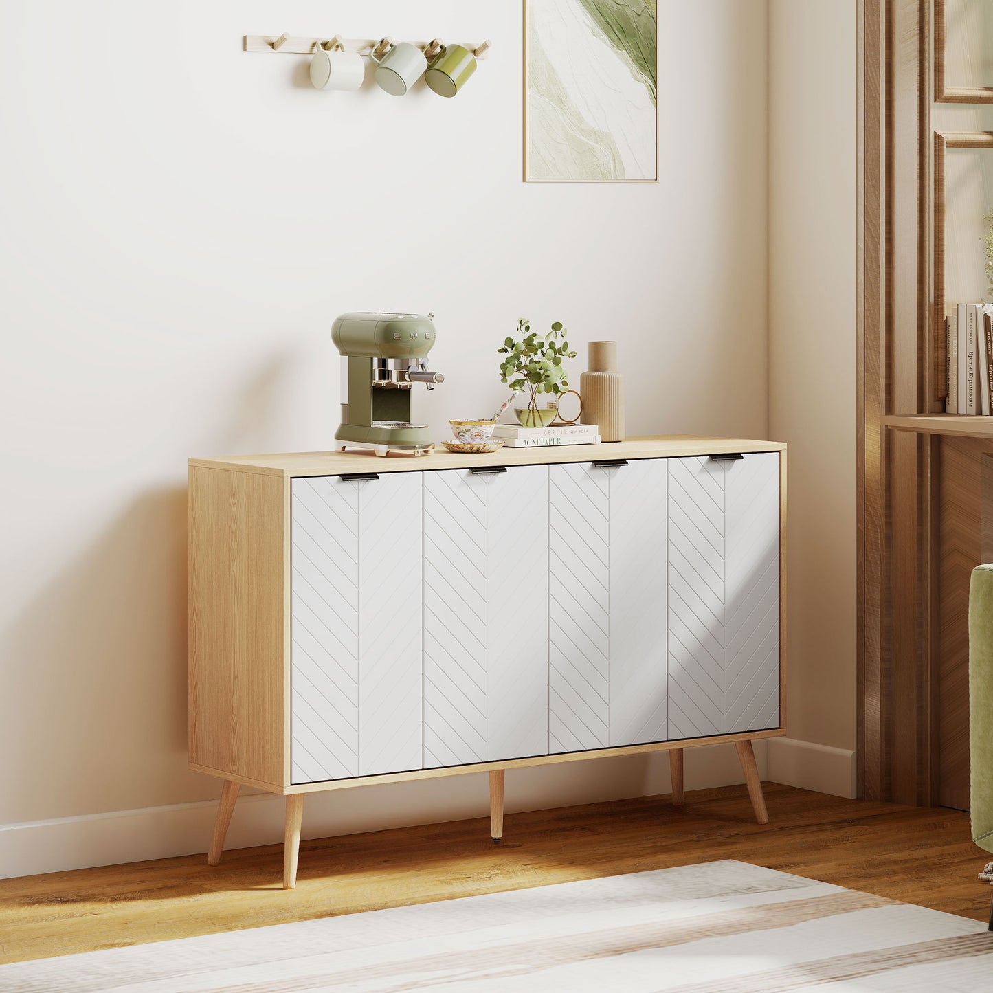 Modern Sideboard and Buffet, Dining Room Cabinet with Adjustable Shelves and 4 Doors, Natural