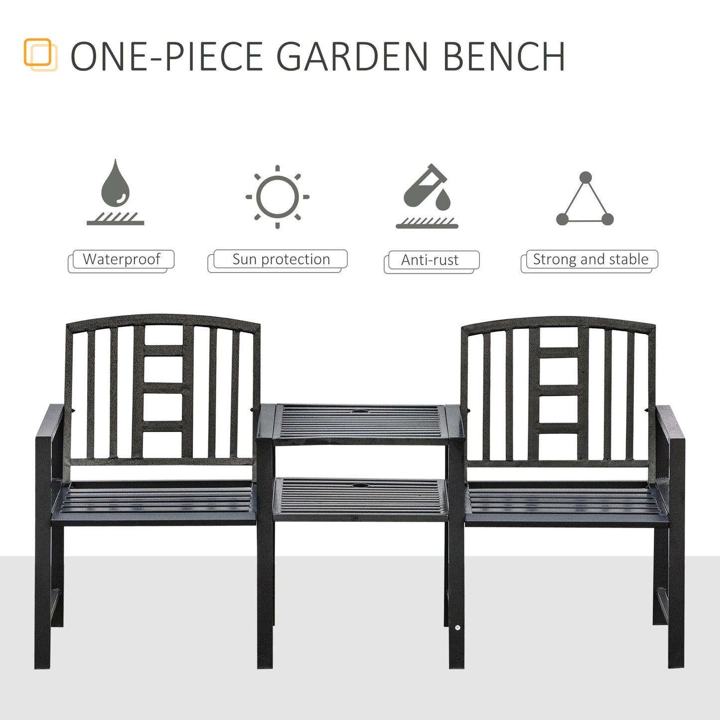Steel Garden Bench w/ Middle Table, Umbrella Hole, Double Seat for Outdoor, Patio, Backyard Weather-Resistant Frame, Black