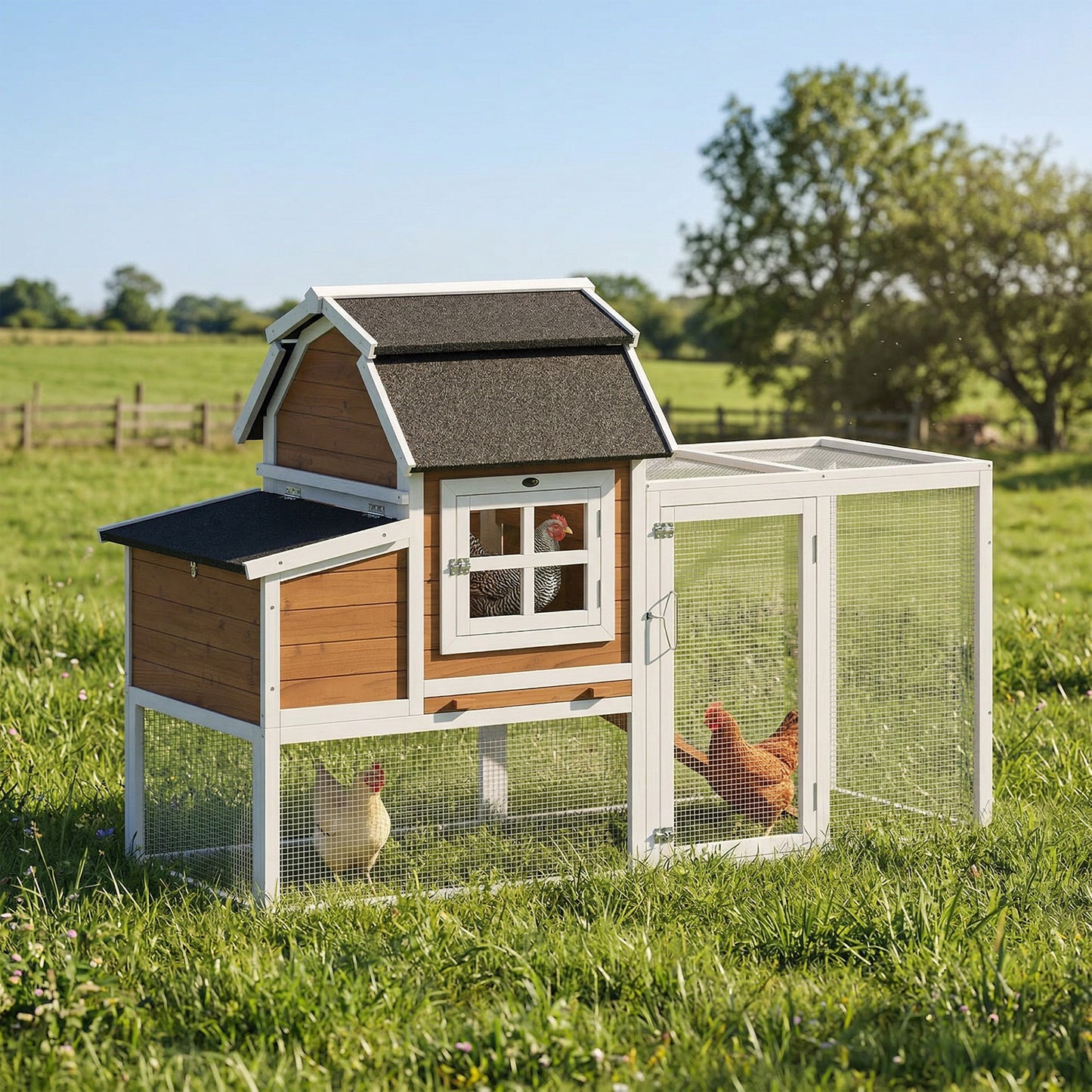 71" Chicken Coop for 3 Chickens, Wooden Hen House with Run, Removable Tray, Nesting Box, Waterproof Asphalt Roof