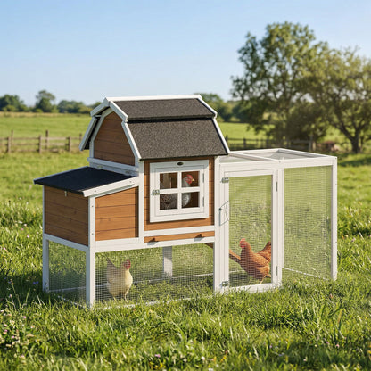71" Wooden Chicken Coop with Run & Nesting Box