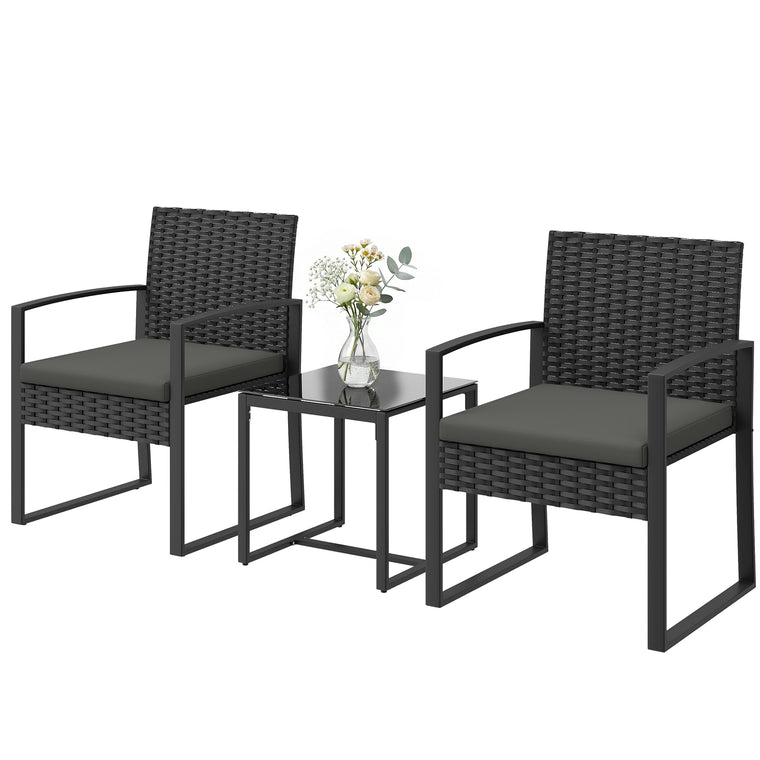 3-Piece Wicker Bistro Set with Glass Top Table - Dark Grey