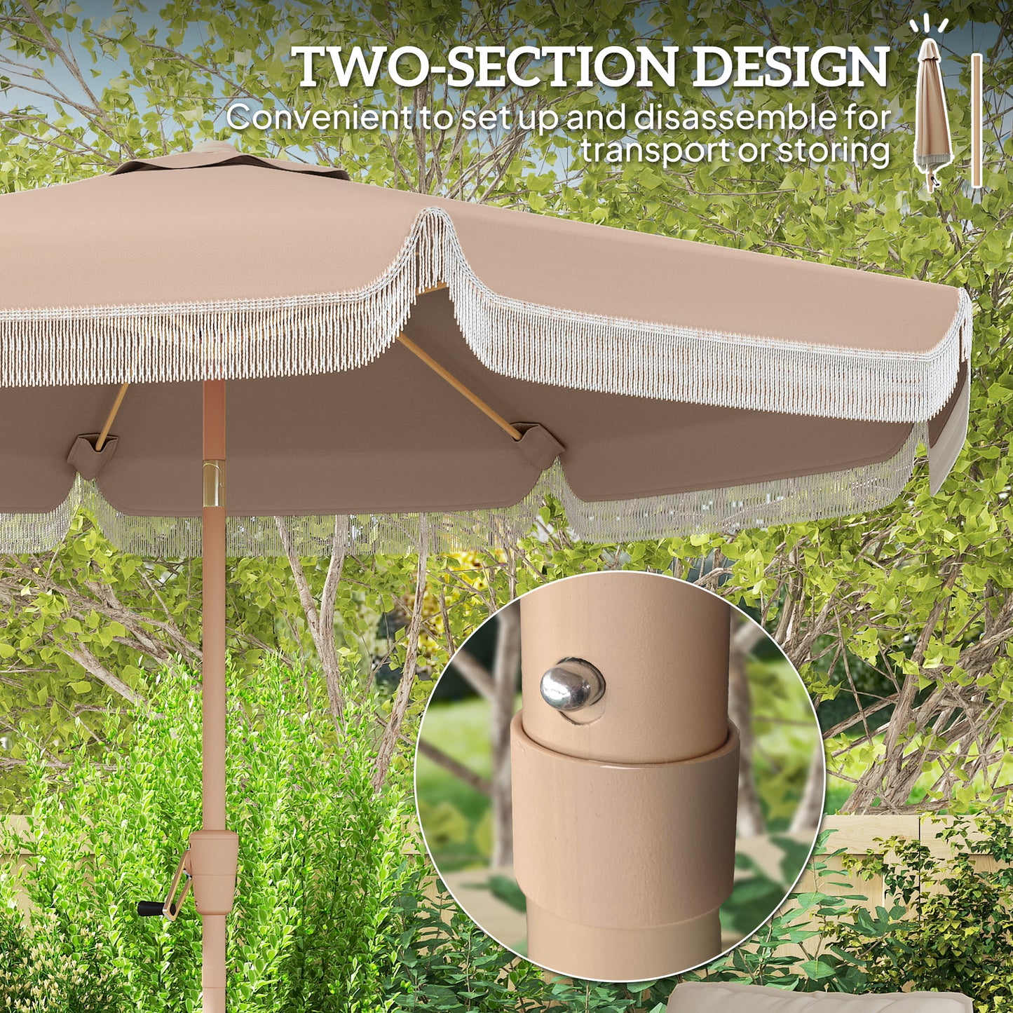 9ft Khaki Fringed Market Table Umbrella with Push Button Tilt