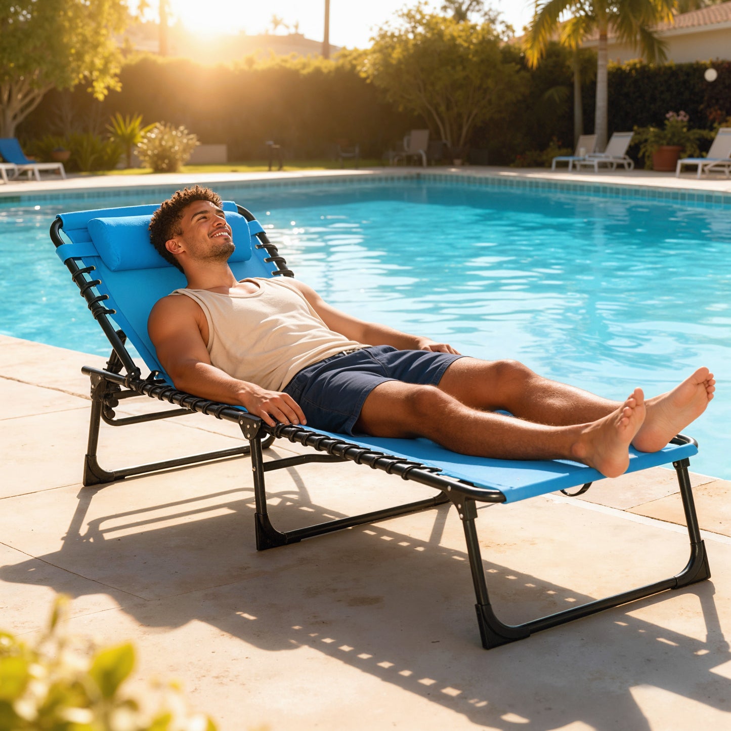 Outdoor Folding Lounge Chair, 4-Level Adjustable Chaise Lounge with Headrest, Tanning Chair Beach Bed, Reclining Lounger Cot for Camping, Hiking, Backyard, Sky Blue