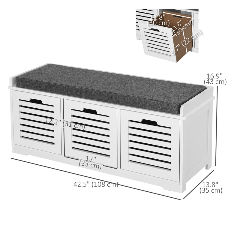 3-Drawer Shoe Storage Bench with Cushion - White