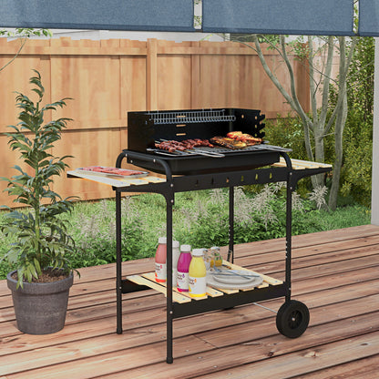 Black Charcoal BBQ Trolley with Ash Catcher & Wheels