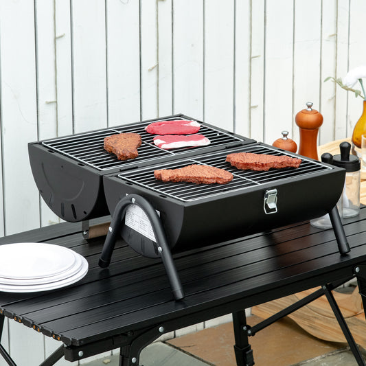 Outdoor Charcoal BBQ Grill, Tabletop Folding Barbecue Grill with Handle, 17.3" x 9.8" x 14", Black