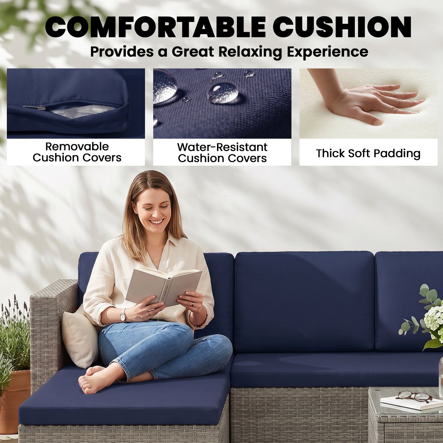 3pcs Modern Rattan Sofa Set, Wicker Patio Furniture Set with Coffee Table, Cushions, Pillows