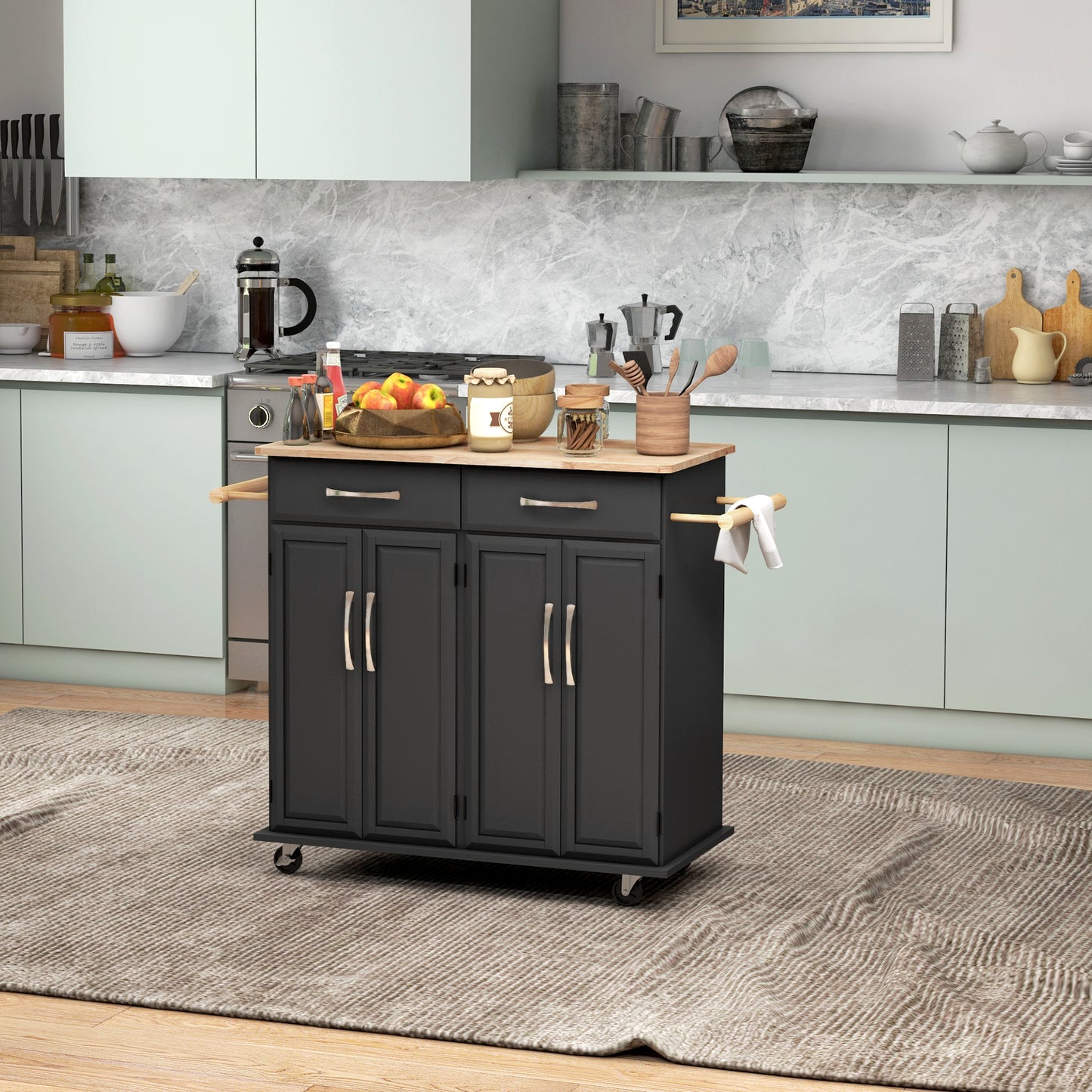 Kitchen Island on Wheels with Rubberwood Top, Rolling Kitchen Cart with 2 Drawers, 4 Doors and Adjustable Shelves