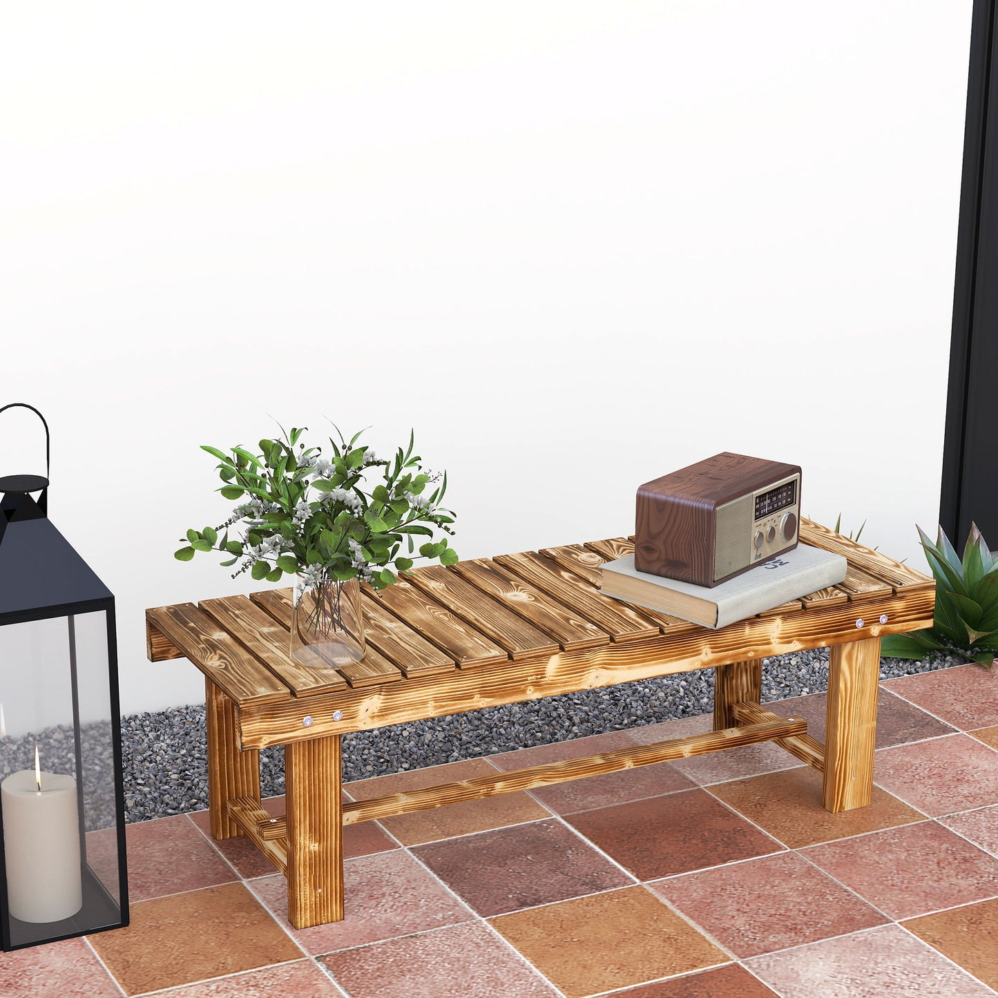 Outdoor Garden Bench, Backless Patio Fir Wood Stool, Armless Loveseat, 43.25" x 15" x 13.75", Carbonized