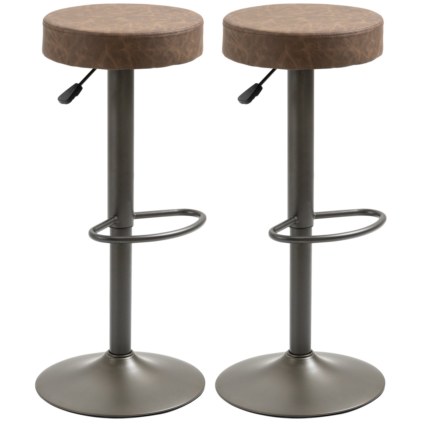 Modern Adjustable Bar Stools Set of 2, Swivel Barstool with Footrest, PU Leather Round Top for Kitchen, Brown
