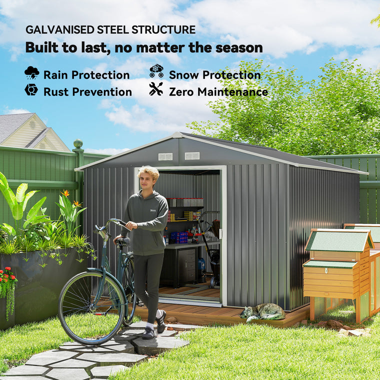 9' x 10.6' Metal Garden Shed with Double Doors and Foundation Kit