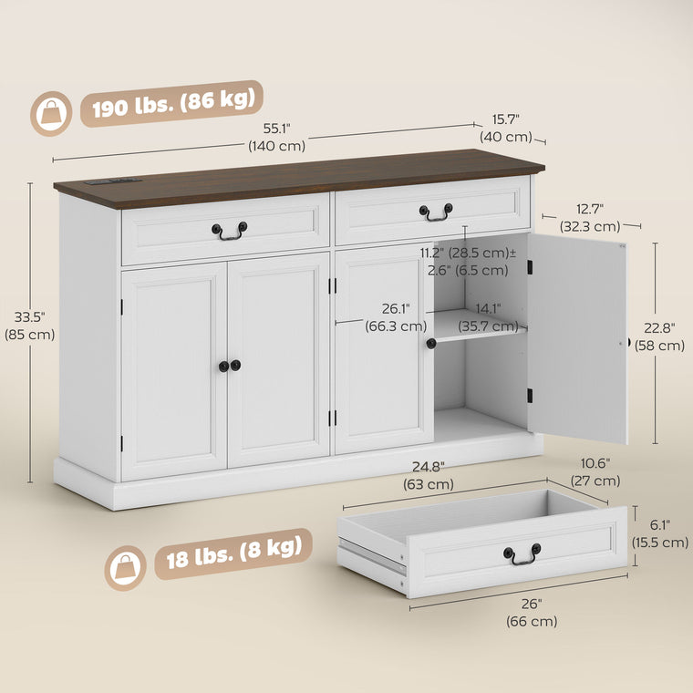 55" Farmhouse Sideboard with Charging Station - White Wood Grain